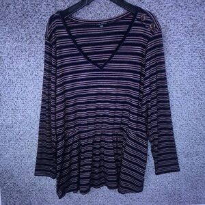Lane Bryant Black and Pink Striped V‑Neck Peplum Long Sleeve Top